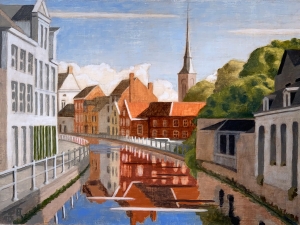 Final layer of paint on the Vaardijk. Note the highlights of the green tree in the foreground, right and the building roofs on the right side of the canal. They are highlights reclaimed through painting backwards and/or light glazes.The highlights of the white building foreground, left, are a more impasto lead white.