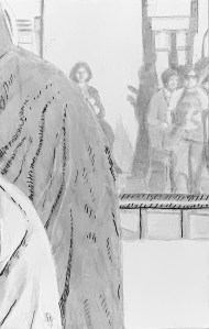 Reclaimed underdrawing in acrylic ink wash with pen and ink touch ups for A Piece of Me #14