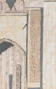 A Piece of Me #08, encaustic on panel, notice how the underdrawing comes through, especially in the fine filigree architectural detail.