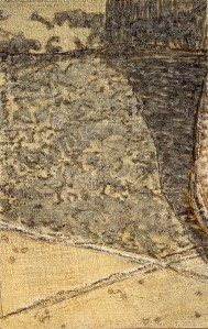 Underdrawing in light black oil wash over collaged panel primed with lead oil ground.