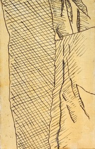 Underdrawing created with a mars black oi paint diluted 50:50 or so with turpentine, drawn on an oil based ground using a pen stylus.