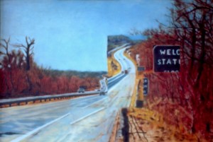 Interstate 90, Back. Somewhere around Old Saybrook, Connecticut? 1980. Oil on panel. Approx: 12 x 16 or 30 x 40 cm.